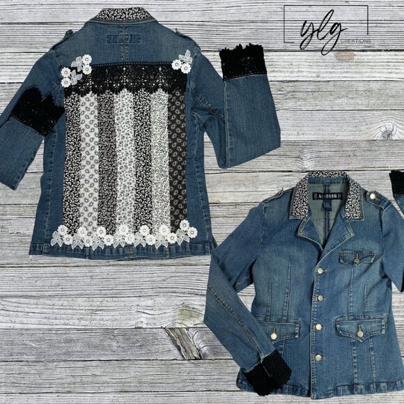 Denim Jacket Black White Patchwork Black Lace Crochet Flower Trim Blazer Large - Picture 1 of 13